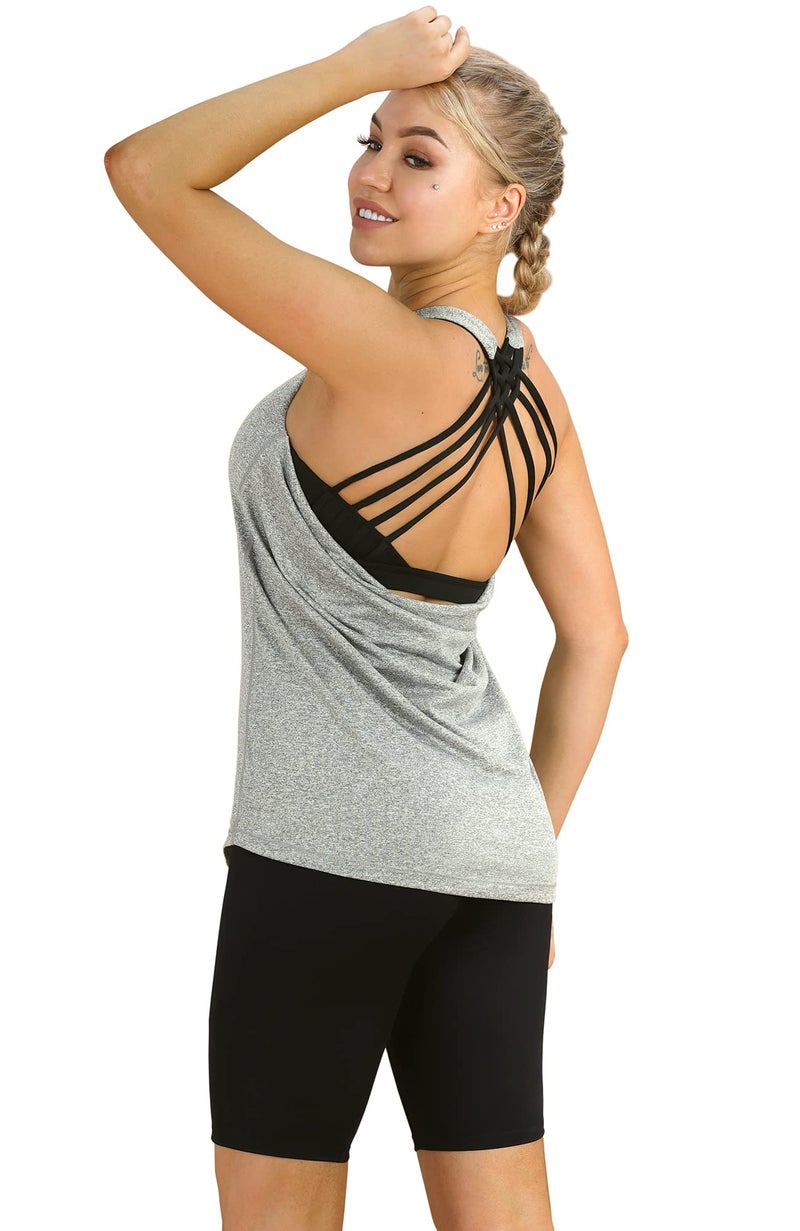 icyzone Yoga Tops Workouts Clothes Activewear Built in Bra Tank Tops for Women (S, Grey Melange) - Image 4